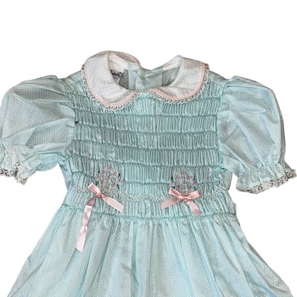 Polly Finders Vintage Hand Smocked Aqua Blue Polka Dot Lace Collar Dress Size 6 - Picture 2 of 8